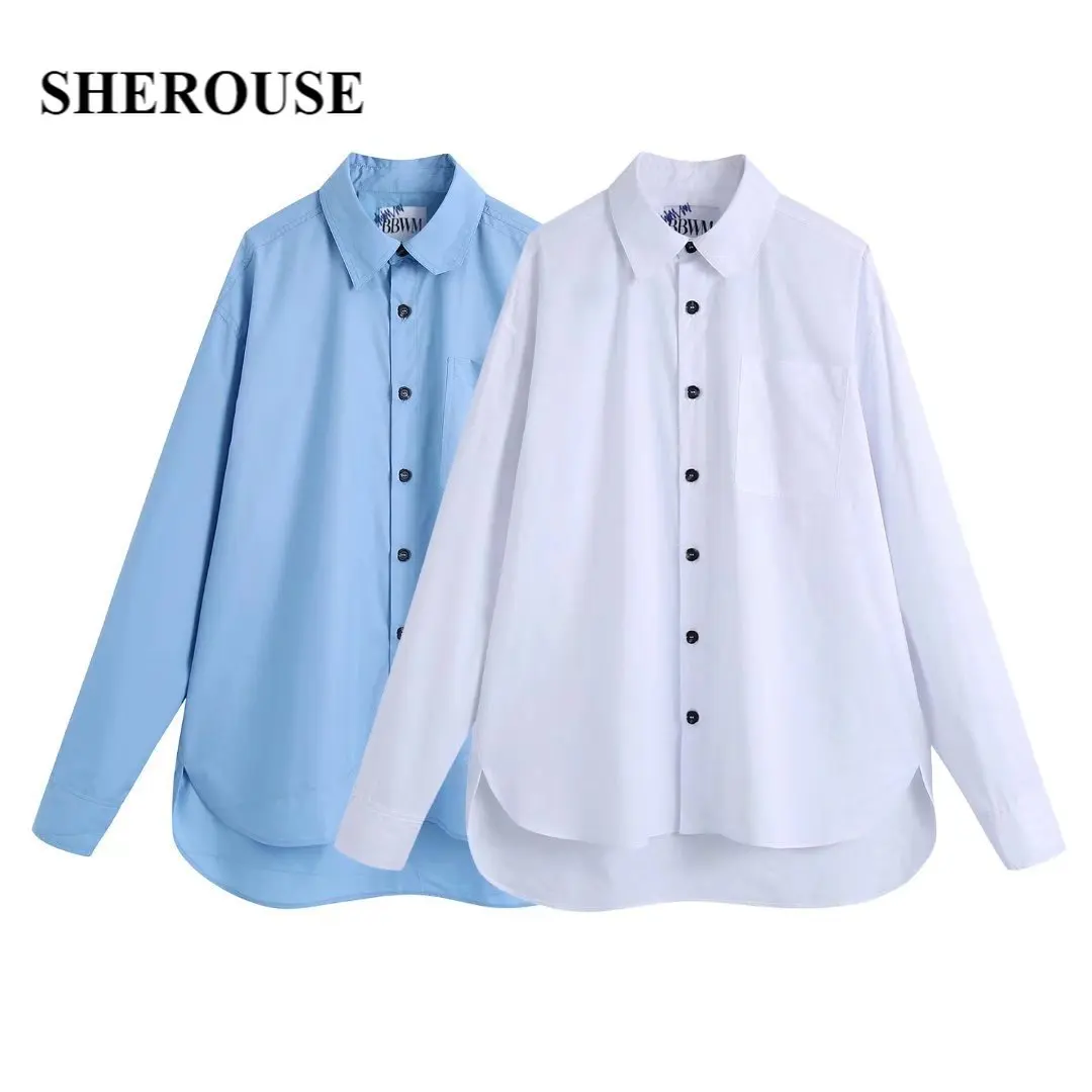 

Sherouse Women Fashion Shirt with Patchwork Detail Lapel Collar Long Cuffed Sleeves Front Pocket Single-breasted Top Woman