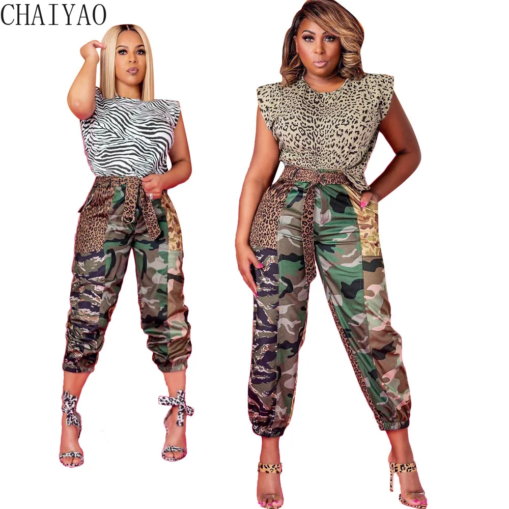 

55LS6435 CHAIYAOSummer модные новые женские повседневные камуфляжные комбинезоны с леопардовым принтом и поясом, уличная одежда, женские брюки для же...