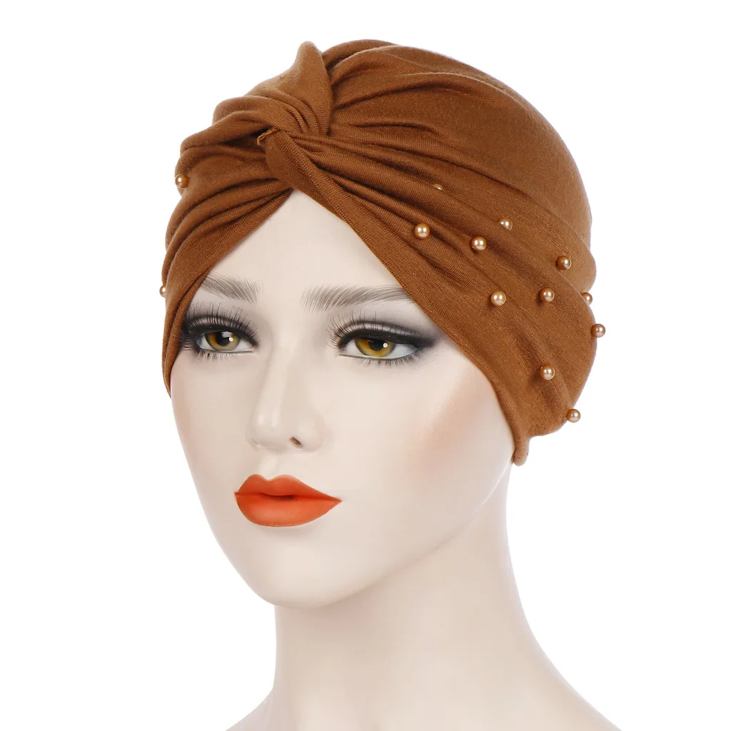 

Candy color pearl headscarf solid color bead wrap headcap Muslim headtie