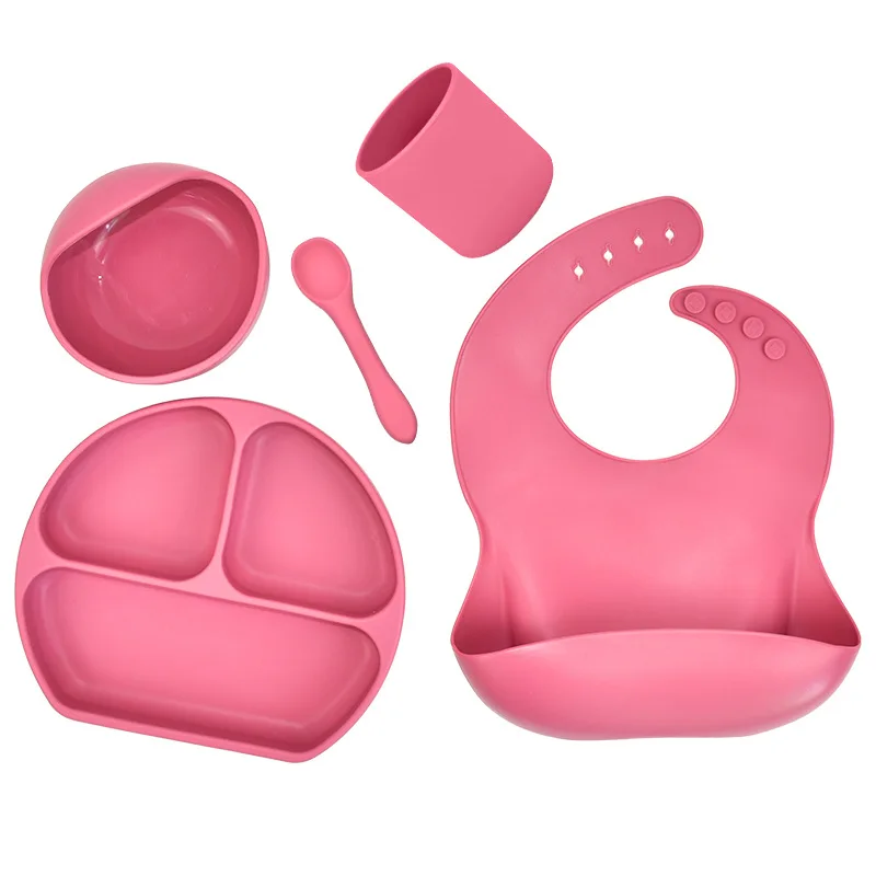

Silicone children's suction cup bowl bib 5-piece set baby dinner plate water cup complementary food bowl spoon saliva pocket