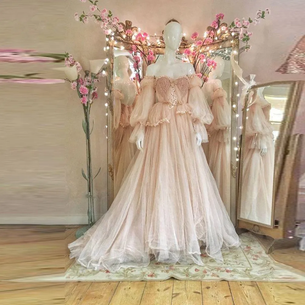 

Retro Champagne Tulle Evening Dresses With Puff Full Sleeves Vintage Lace Long Evening Gowns Off Shoulder Plus Size Party Dress