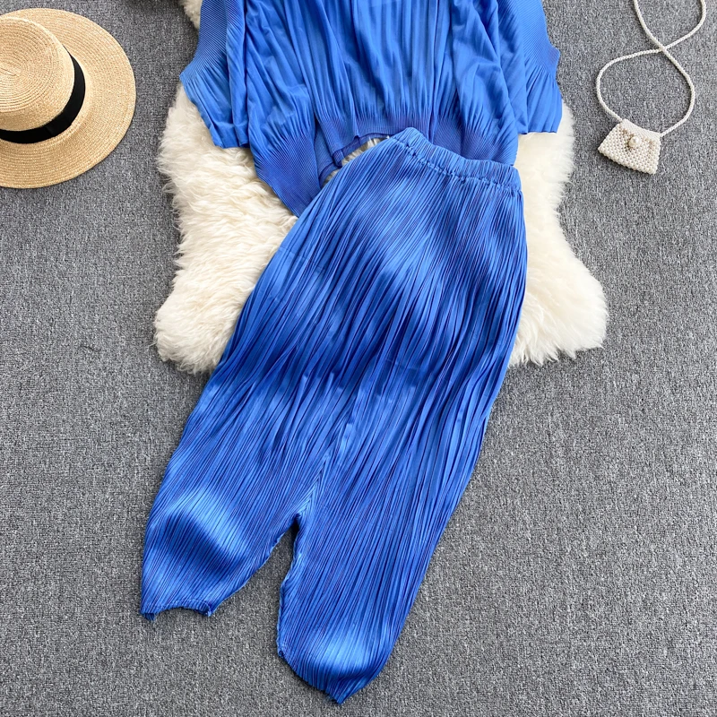 

V-Neck Folds Slim Batwing Sleeve Elegant Women's Summer Suit Trouser Suits Pant Woman Outfits Ladies clothing 2021 Flare Pants