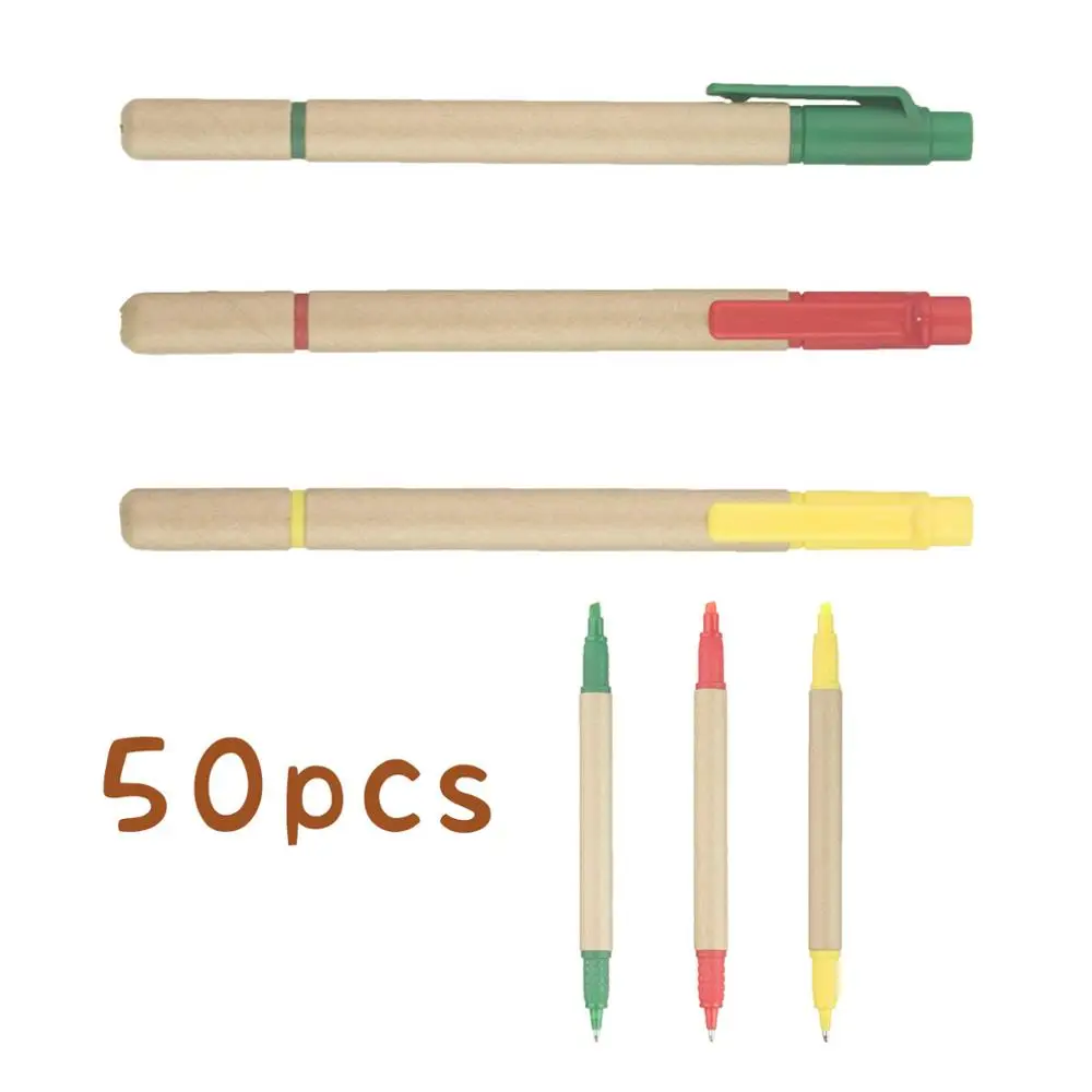Lot 50pcs Ball Pen&Highlighter ECO Paper Biros,Yellow Marker,Dual Tip