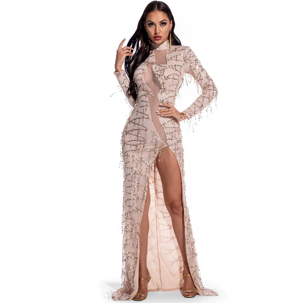 Ziamonga черные модные платья с блестками женские длинным рукавом высоким