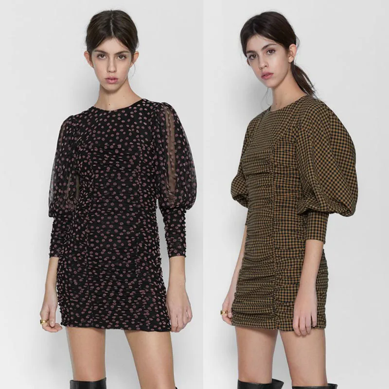 Женское мини платье с принтом ZA весеннее плиссированное длинным рукавом и