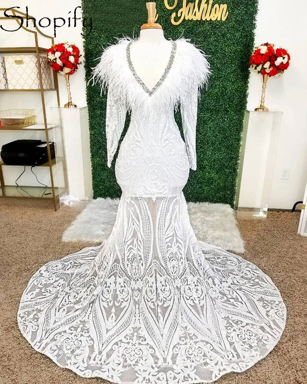 

New Arrival Long Sleeve Prom Dresses 2021 V-neck Feather African Black Girls Mermaid White Sequin Prom Party Dress