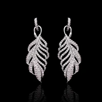 fashion white feather earrings for women korea luxury jewelry micro pave cubic zirconia leaf dangle design long earring