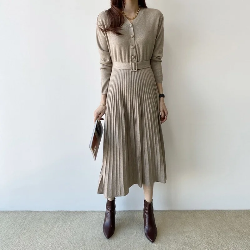 Elegant V-neck Single-breasted Women Thicken Sweater Dress Autumn Winter Knitted Belted Female A-line Soft Long Dresses X879