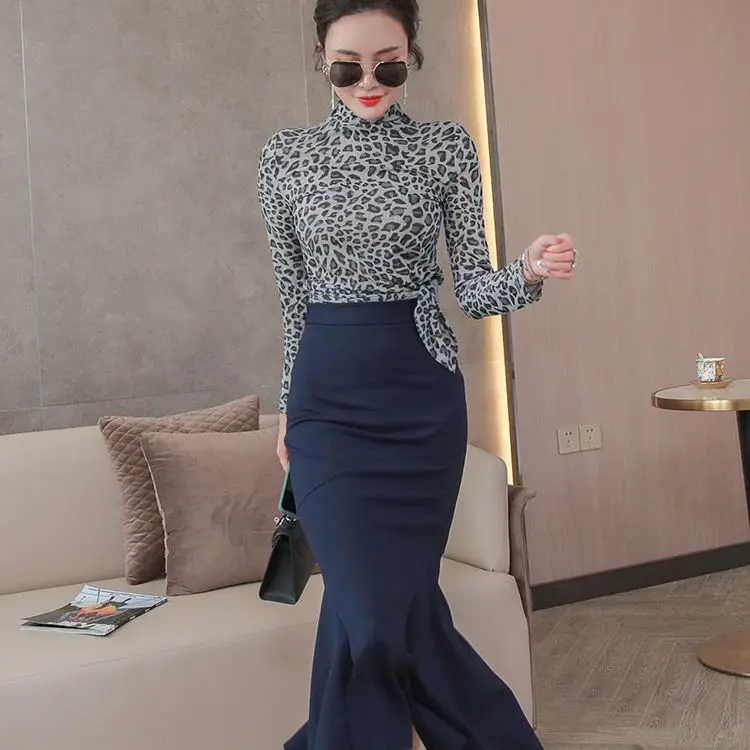 

Women 2021 Spring Fashion Two-piece Suits Female Slim Pullover Leopard Tops Ladies High Waist Long Fishtail Skirts Sets K52