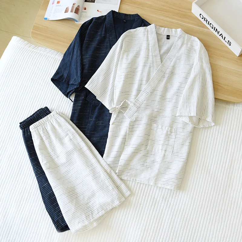 Fdfklak 2 Pieces Kimono Pyjamas Homewear Suit Men Pajamas For Summer Soft Short Sleeve Vintage Striped Lounge Wear 2021 New