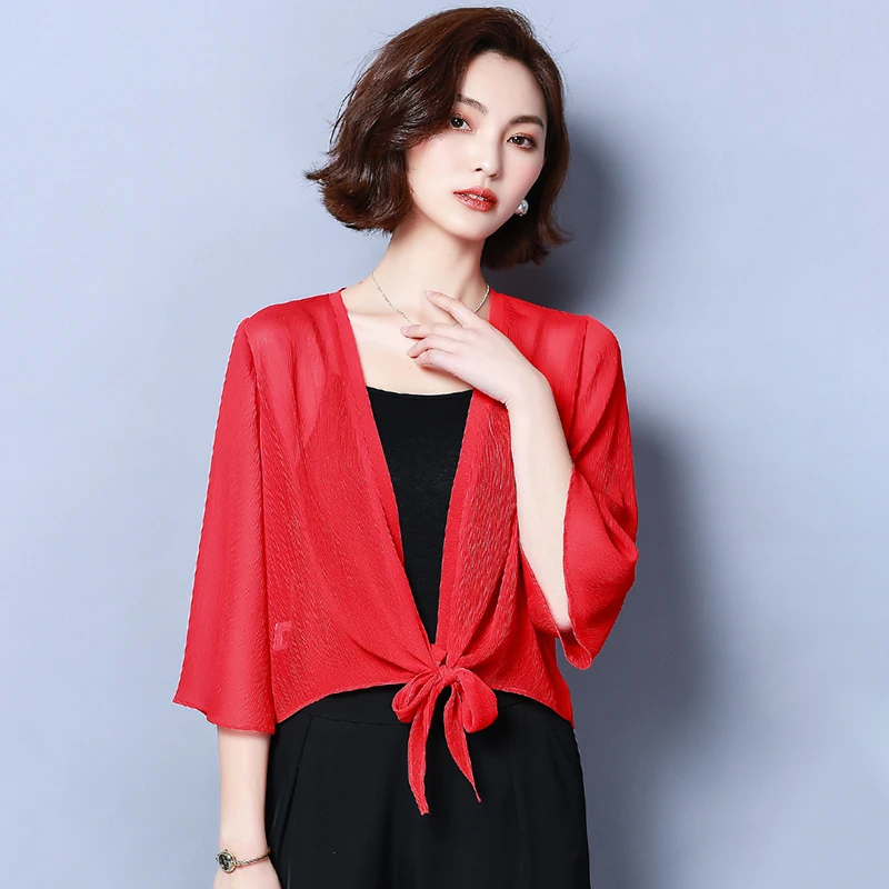 Summer Chiffon Blouses Kimono Cardigan Mesh Transparent Sunscreen Women Beach Cover Up Outwear Plus Size Bow Wrap Shirt |