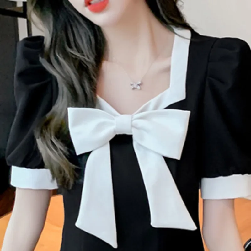 

2021 Summer Dress Color Contrast Bow French Vintage Temperament Square Collar Close Waist Short Sleeve Robe Slim Ruffle Vestidos