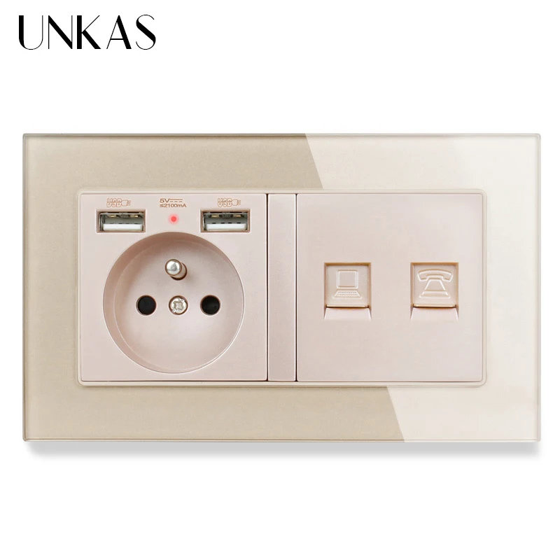 Стеклянная панель UNKAS французская стандартная розетка с 2 USB зарядными портами +