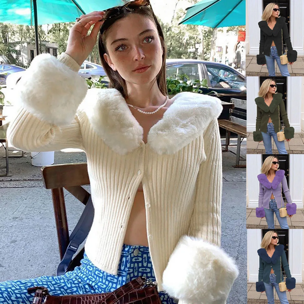 

Женский трикотажный кардиган Harajuku, повседневный облегающий хлопковый джемпер с меховой отделкой и воротником, трикотажная одежда на пугов...