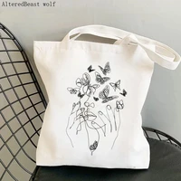 women shopper bag face with butterfly line kawaii bag harajuku shopping canvas shopper bag girl handbag tote shoulder lady bag