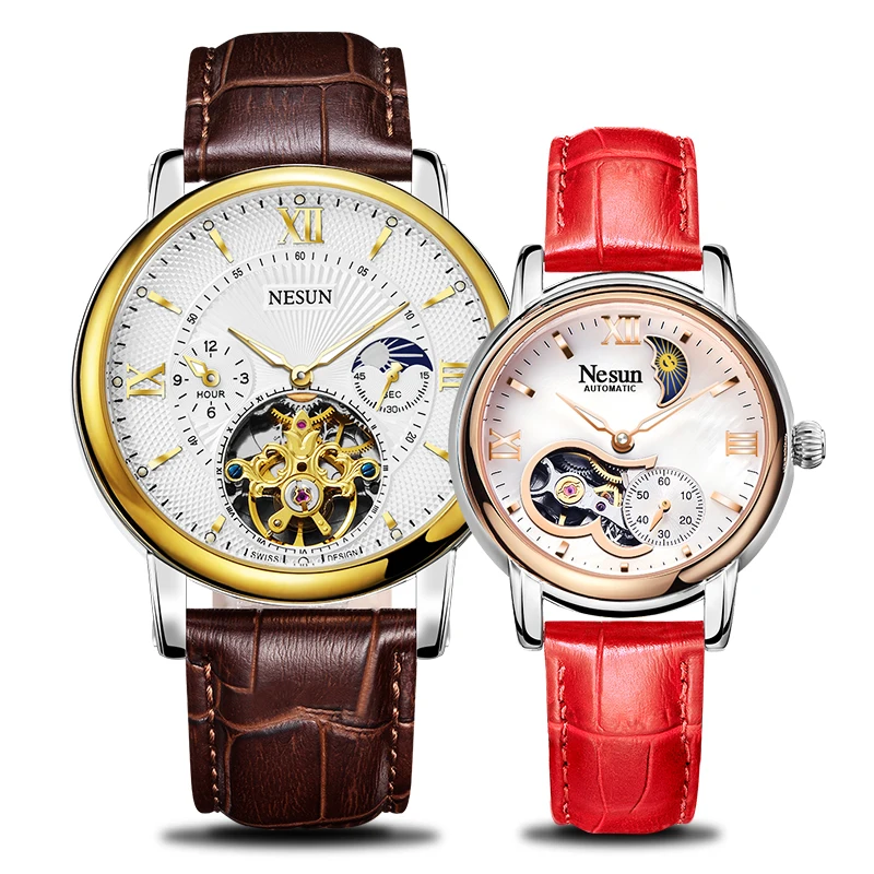 Nesun Couple Automatic Fashion Casual Wristwatches Skeleton Mechanical Movement  Moon Phase Leather Lovers Wedding Gift Clock