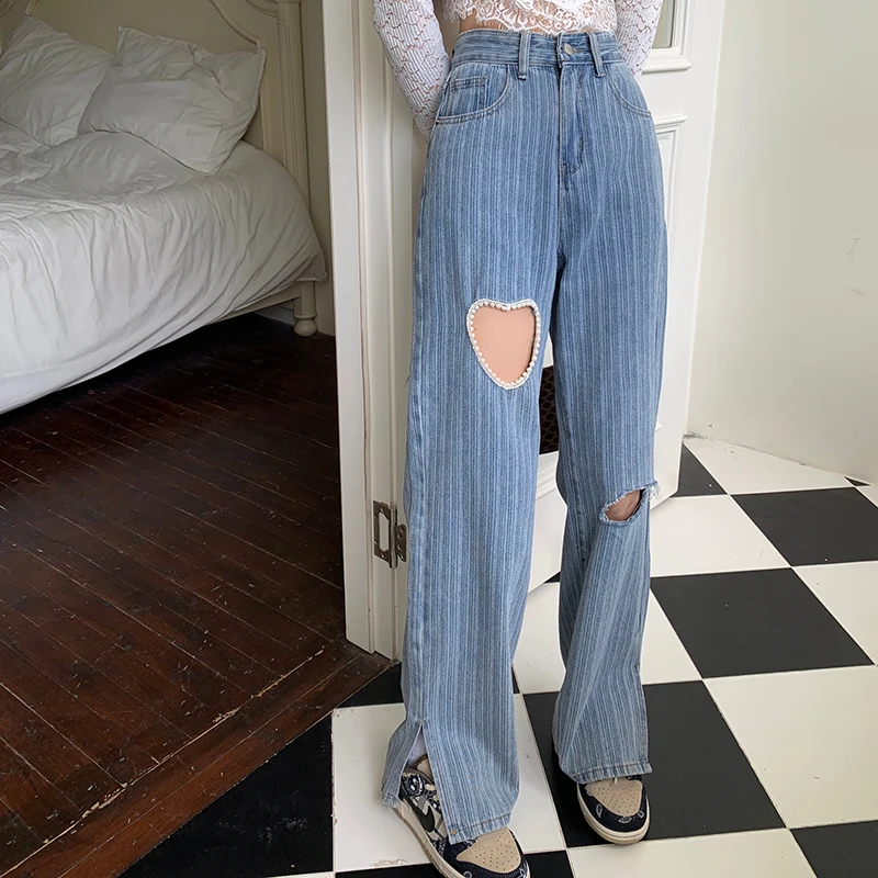

Streetwear Striped Jeans Woman High Waist Pearls Split Mom Jeans Plus Size Straight Jeans Women Denim Pants Trousers jean femme