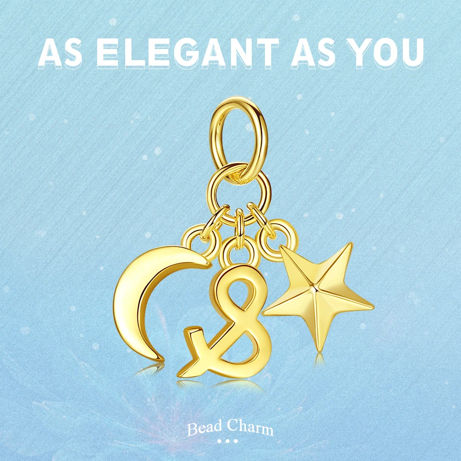 Luxury 925 Sterling Silver Sparkling Beads Sky Moon &amp Star Gold Color Charm fit Charms Bracelet DIY Gift | Украшения и