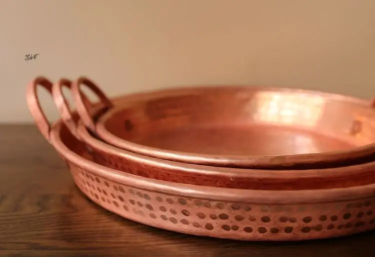 

Wok Handmade Pure Copper Pan Pot Frying Pan Fruit plate Tray Thick Plate Purple Double Handle pot Cookware Wedding plate