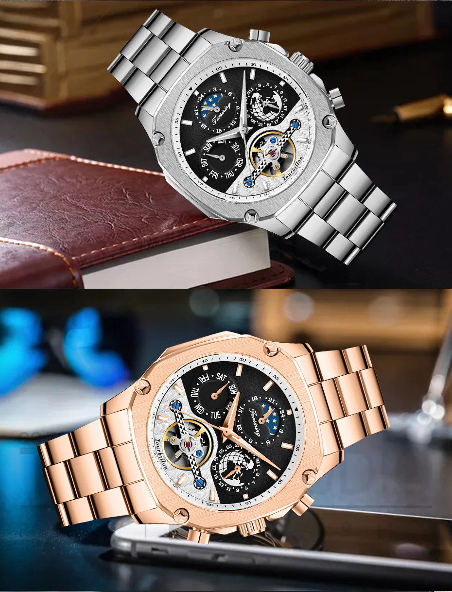 FORINING мужские часы автоматические механические часы Moon phase Tourbillon часы для мужчин s Скелет Мужские часы Relogio Masculino подарки