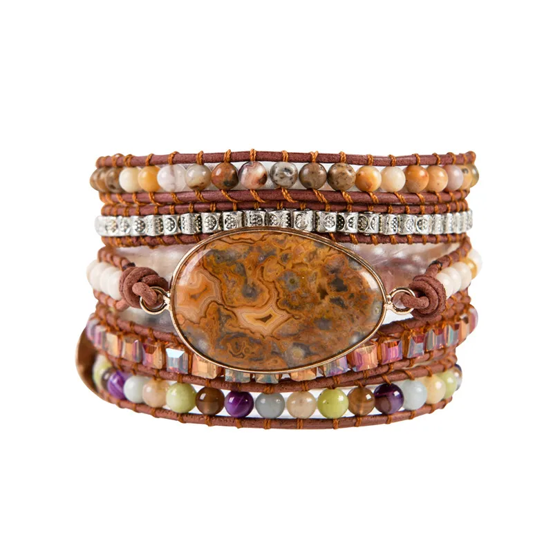 Женский кожаный браслет в стиле бохо оплетка из натурального камня | Украшения и