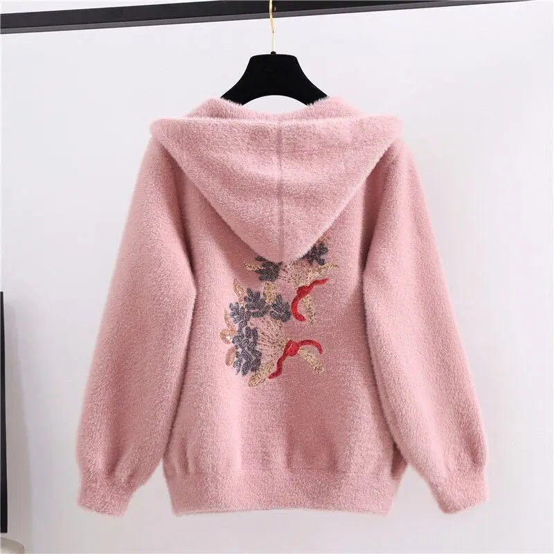 

Женский вязаный кардиган из искусственной норки и кашемира, Осень-зима 2021, женский свободный свитер с вышивкой, Женская Повседневная Верхня...