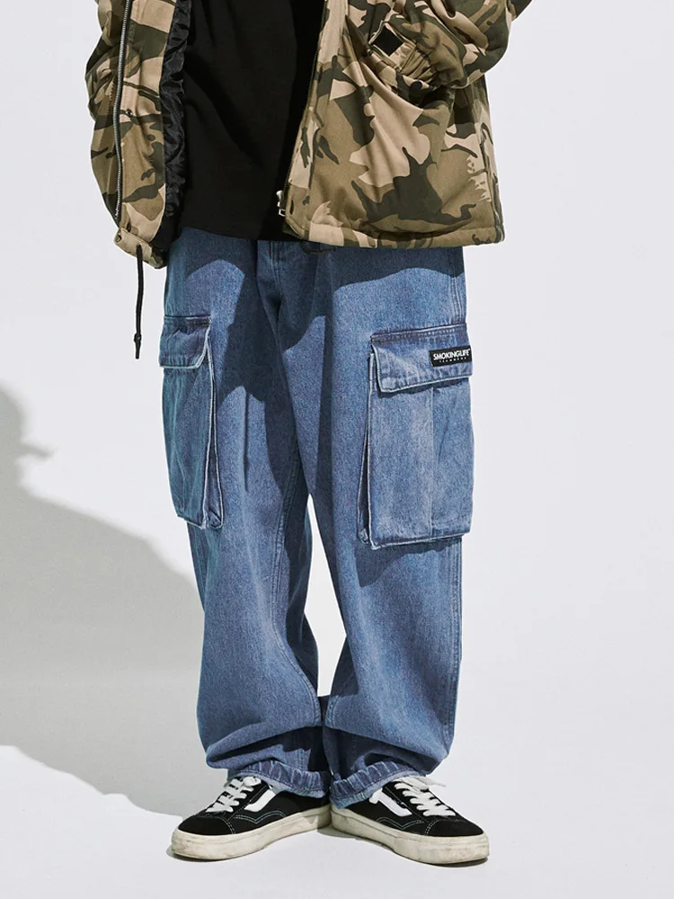 

Firmranch Men/Women Multi-pocket Denim Jeans Hip Hop High Street Wide-leg Overalls pants Casual Loose Long With Belt Dad Jeans