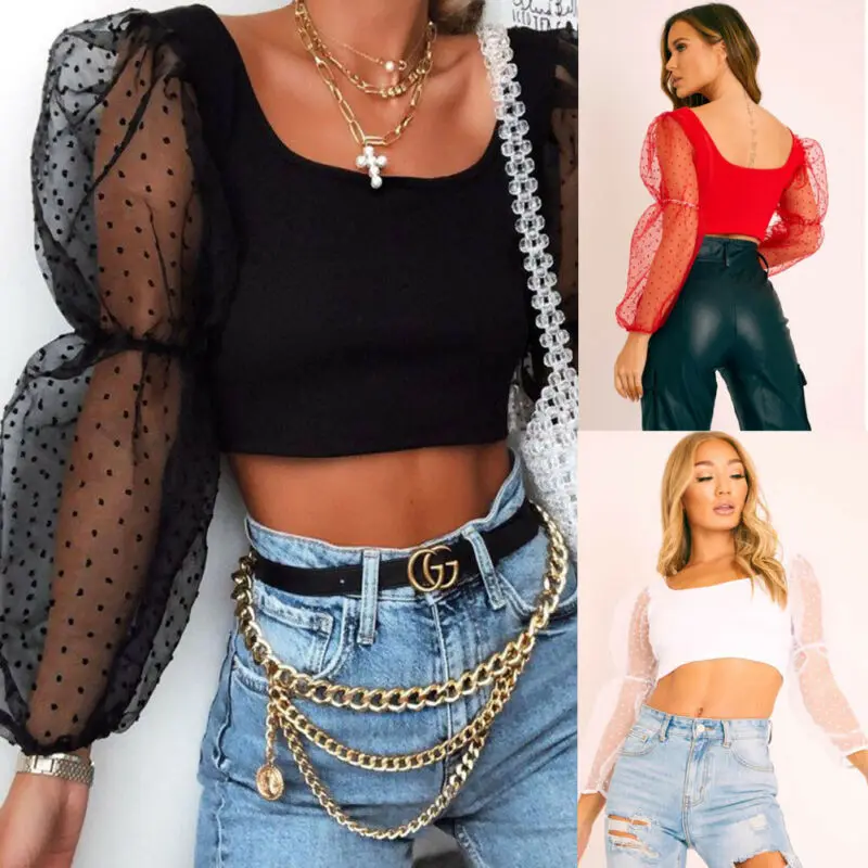 

Ladies Women Long Sleeve Blouse 2019 See-through Sheer Mesh Summer Puff Blouse Solid Crop Top