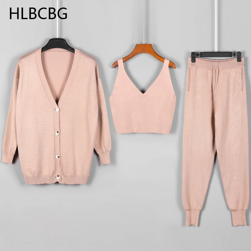 Женский открытый кардиган HLBCBG + короткий топ брюки шаровары комплект из трех