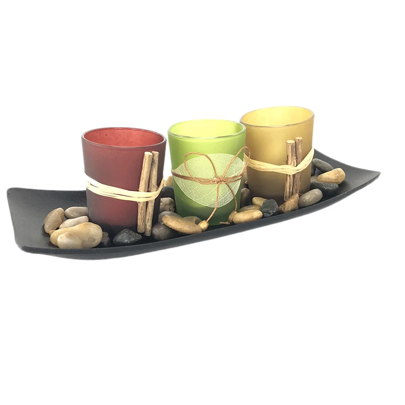 Прямые природные свечи Scape набор 3 подсвечники декоративные с камнями и поднос
