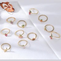 zs 1 pc colorful zircon ring for women girls cute strawberry cherry grapes pattern finger ring gold color chic ins jewelry gift