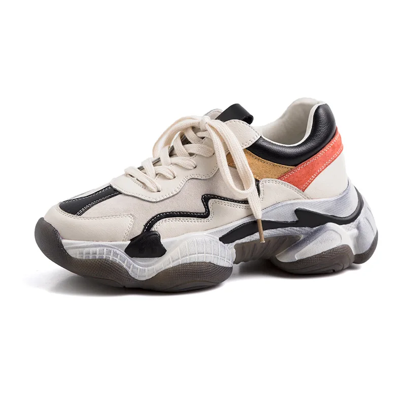 

Fashion Mixed Color Old Shoes Women's Autumn New Style Platform Leather Casual Sneakers Lace-Up Shallow Chunky Sports Shoes