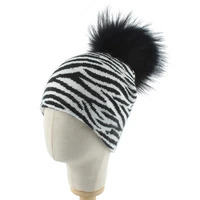 2020 fashion zebra striped beanies for women winter warm knitted wool hat parent child real fur pompom cap