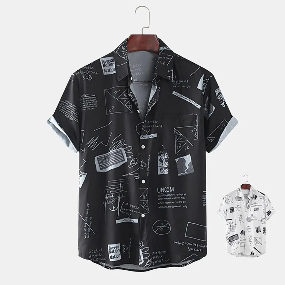 

2021 Casual Beach Shirt Skin-friendly Graffiti Print Short Sleeve Men Single-breasted Lapel Hawaiian Shirt Beachwear for Vacatio