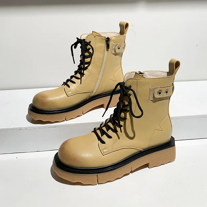 

Lace Up Middle Top Martin Boots 2021 New Handsome British Soft Leather Side Zipper Thick Soled Short Boots Knight Boots