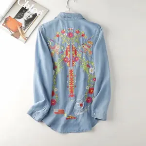 Блузка женская джинсовая с цветочной вышивкой, элегантная повседневная рубашка из денима в винтажном стиле, с длинным рукавом, голубая, весна-осень