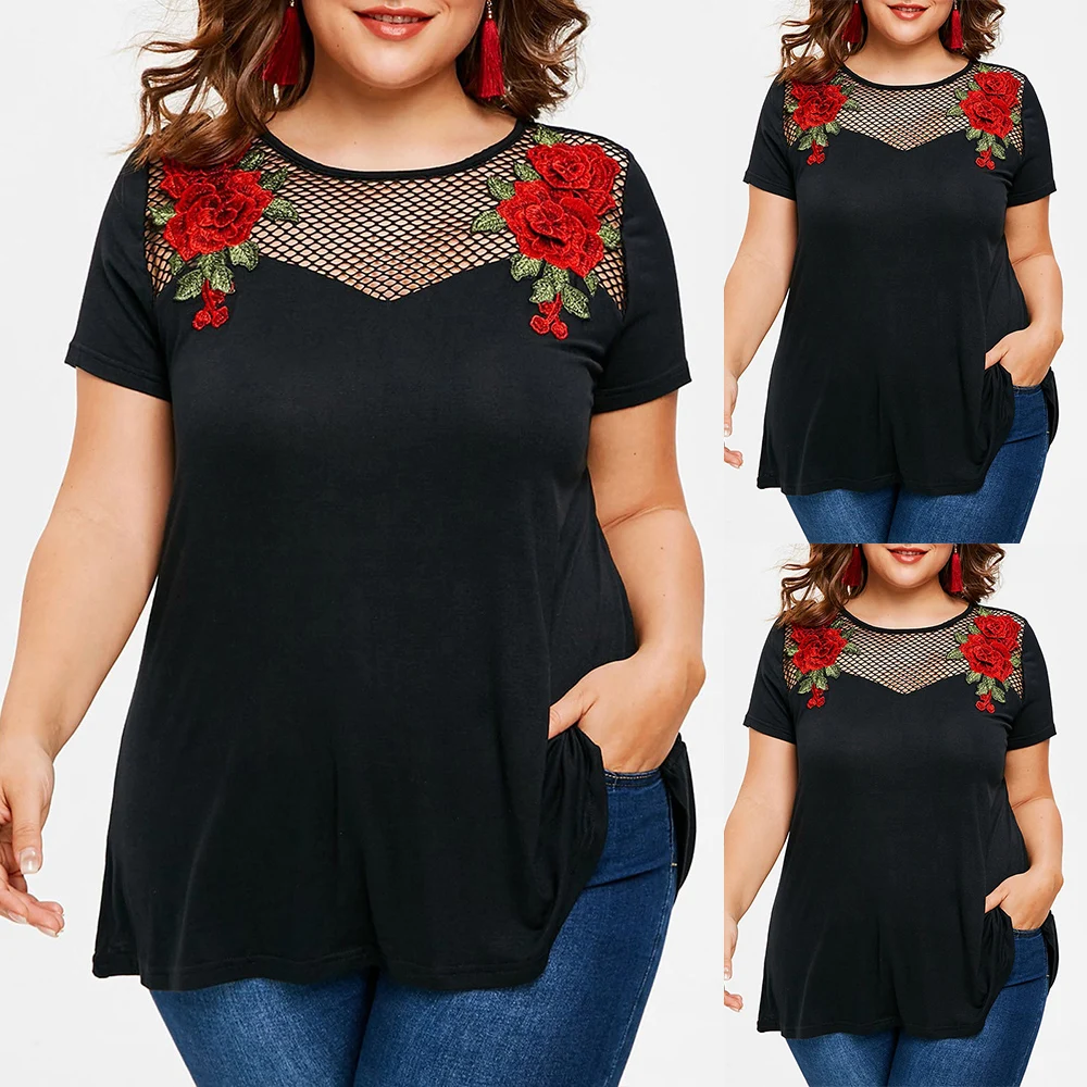 

5XL Plus Size Women Floral Print Tops Lady Mach Patchwork Casual Short Sleeve Blouse Summer Round Neck Female Loose T Shirts D30