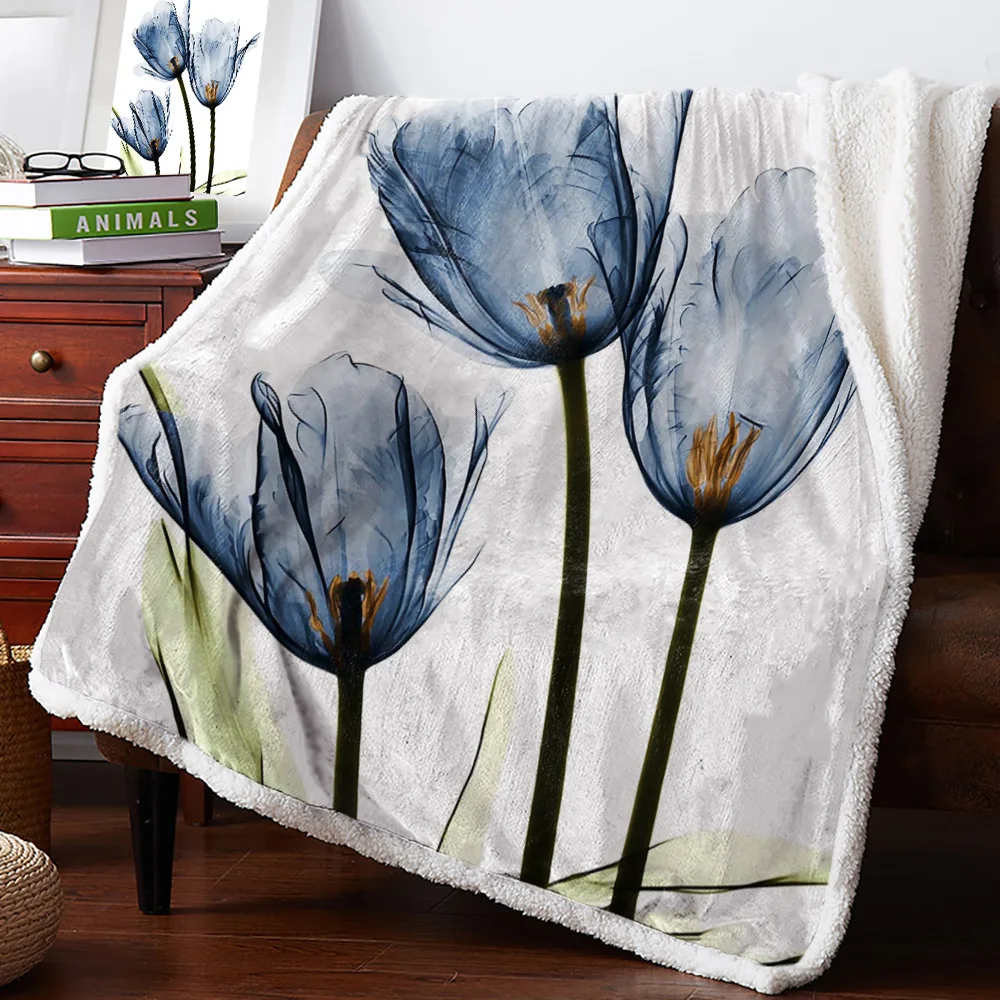 Синие и белые тюльпаны простое теплое мягкое одеяло офисный диван плюшевое