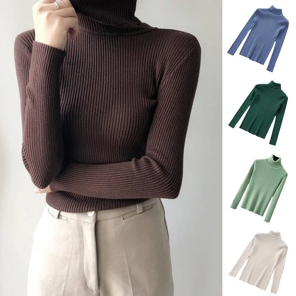 

2021 Autumn Winter Thick Sweater Women Knitted Ribbed Pullover Sweater Long Sleeve Turtleneck Slim Jumper Soft Warm Pull