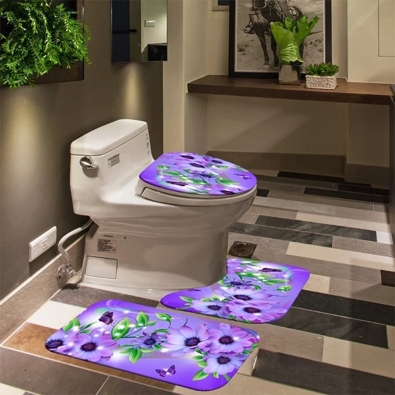 

Waterproof Bathroom Shower Curtain Flower Toilet Cover Non-Slip Bath Mat Rug Carpet Set Polyester Fabric Washable Home Decor
