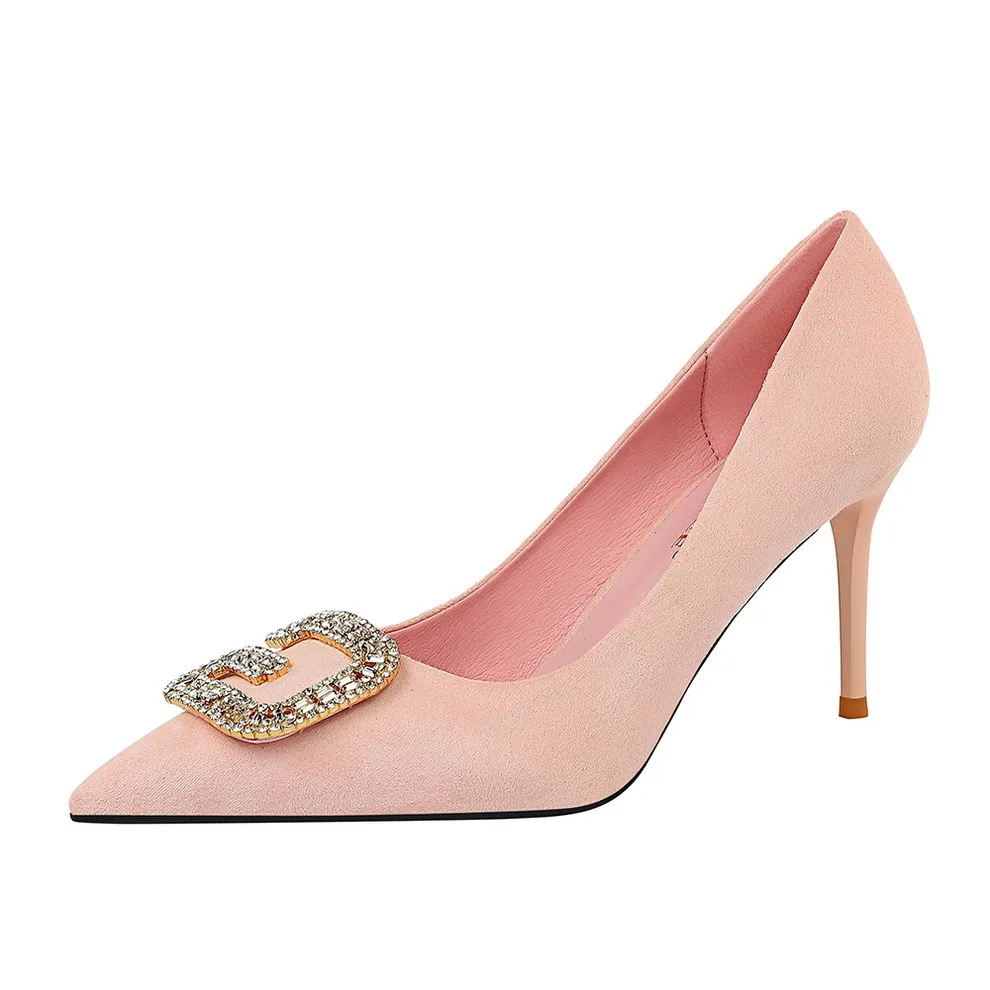 

Korean version of fashion sexy banquet women's shoes thin heel shallow mouth high heel metal water drill buckle shoes