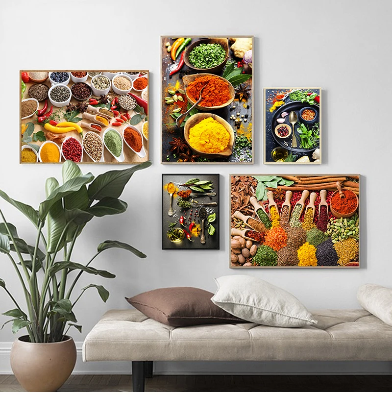 

Grains Spices Spoon Peppers Kitchen Canvas Painting Cuadros Scandinavian Posters and Prints Wall Art Food Picture Living Room