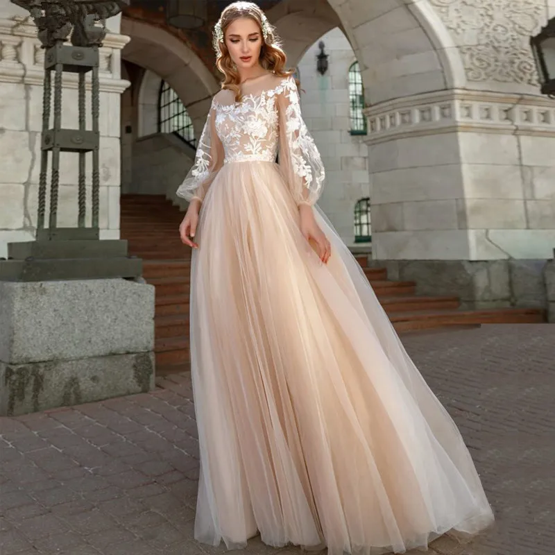 

A-Line Champagne Wedding Dress Lantern Sleeves Tulle Lace Boho Bridal Gowns Vestido De Novia Princess Wedding Party Bride Dress