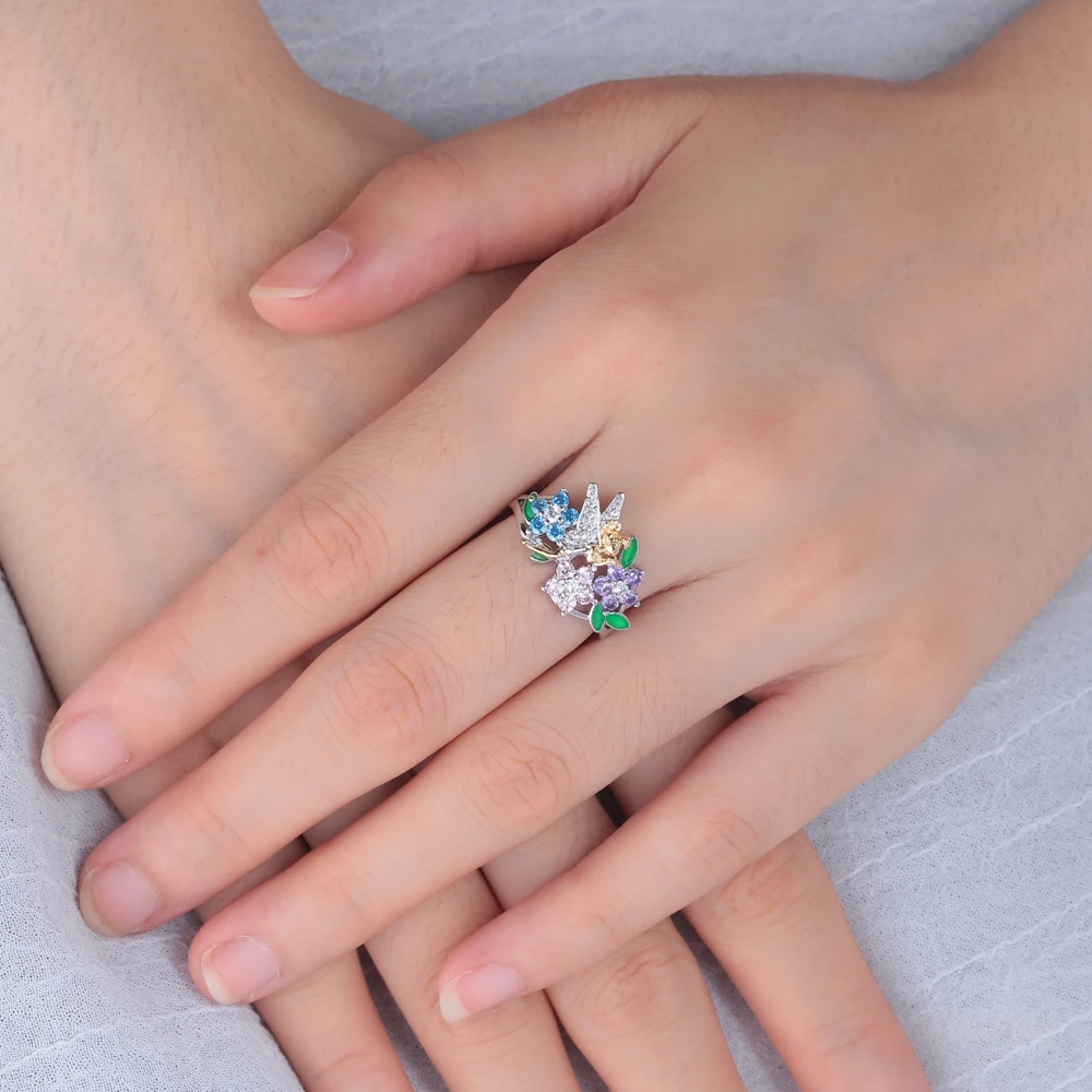 CiNily Angel Multicolor Crystal Zircon Flower Silver Plated Women Ring Jewelry Cocktail Party Fully-Jewelled Female Size 6-10 | Украшения и