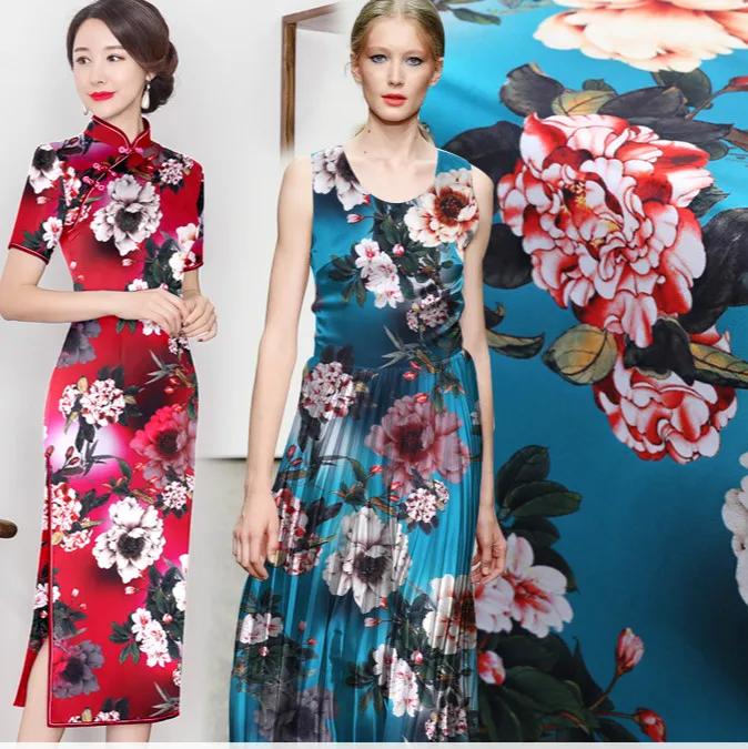

108cm wide silk stretch satin fabric meter peony printed silk fabric satin elastic spandex fabric wholesale silk cloth
