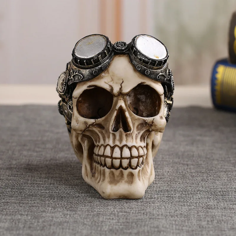 

Steampunk Skull Pilot Aviator with Goggles Resin Ornament Halloween Skeleton Figurine Statue Home Gothic Decor Gear Sculpture