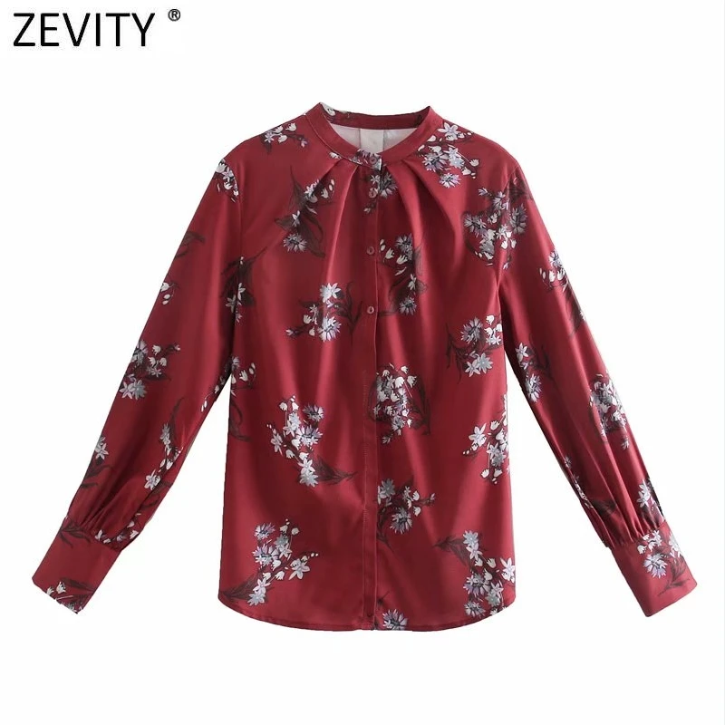

Zevity 2021 Women Fashion Pleats O Neck Flower Print Casual Shirt Office Lady Business Blouse Roupas Chic Femininas Tops LS7607