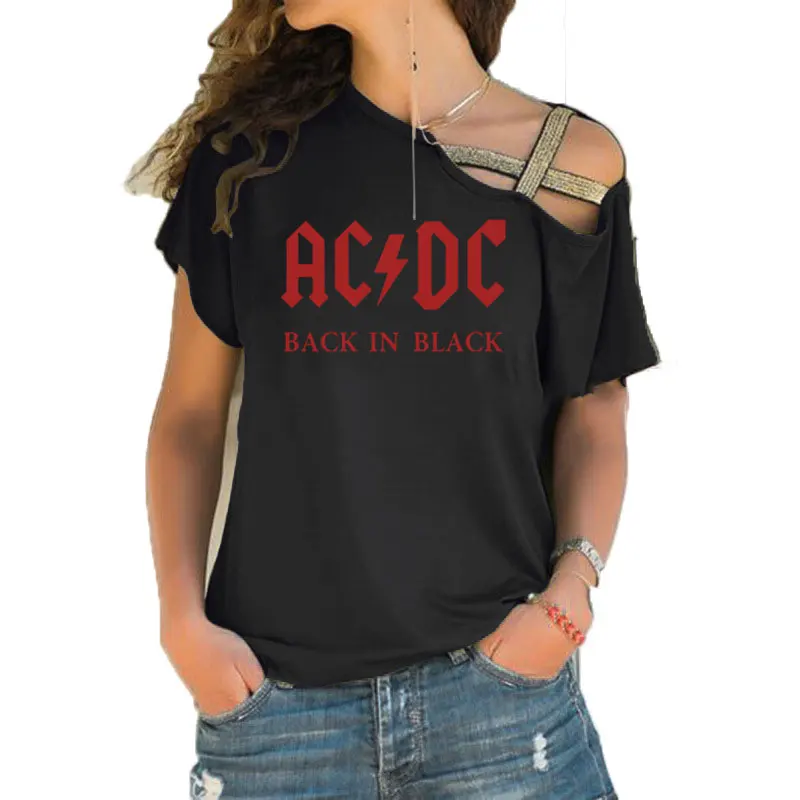 2 Группа ACDC футболка в стиле рок женские ACDC с буквенным принтом футболки хип хоп Рэп музыка асимметричное, с короткими рукавами Skew Крест повязки топы тройник - Цвет: 2