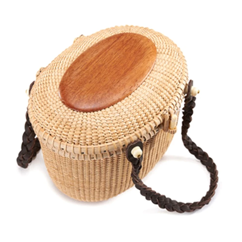 

Hand-Woven Basket, Willow Picnic Basket - Shopping Basket Leather Handle/Natural Materials, Handmade