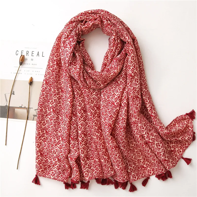 

Ladies New Fashion Maroon Geometric Tassel Viscose Shawl Scarf Autumn Winter Muffler Headband Foulards Sjaal Wrap Hijab Snood